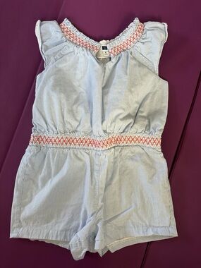 Janie and Jack Light Blue Pinstripe Romper with Coral Smocking